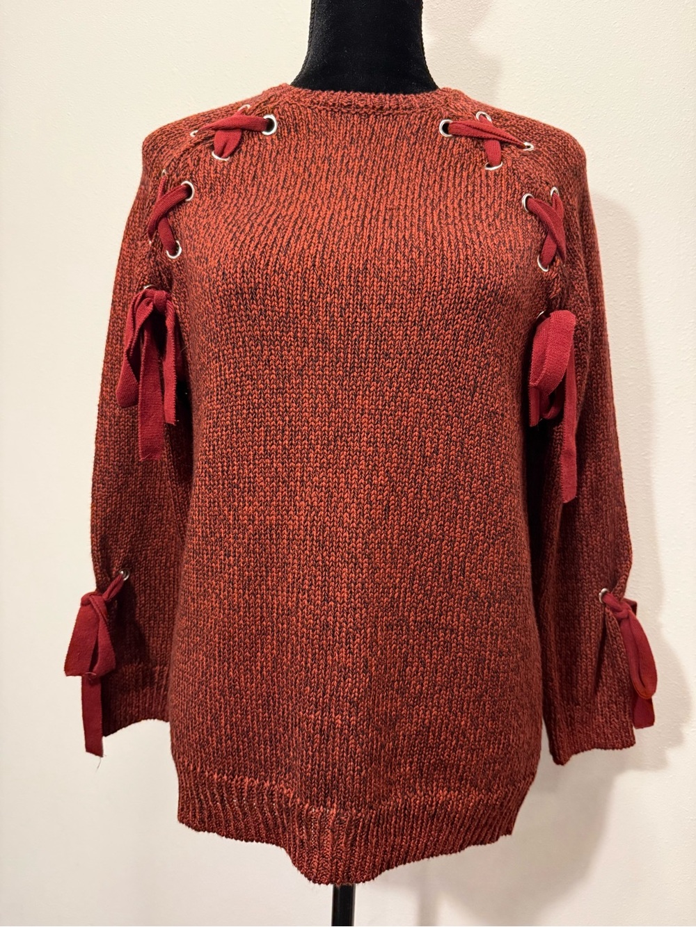 Francesca's Collections Rust Red Lace-Up Sleeve Crewneck Sweater
